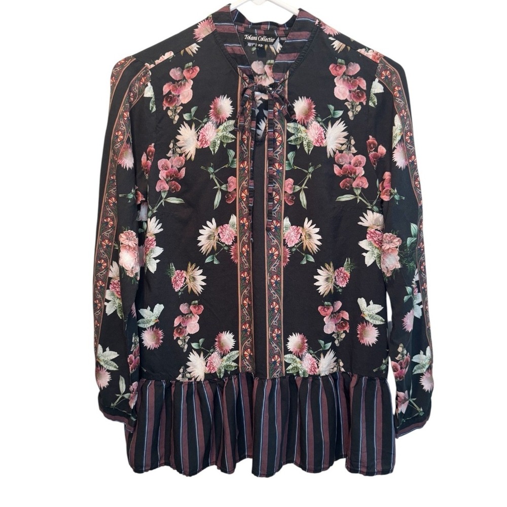 Tolani Collection Womens Colorful Floral Striped Peplum Tie Neck Top XS